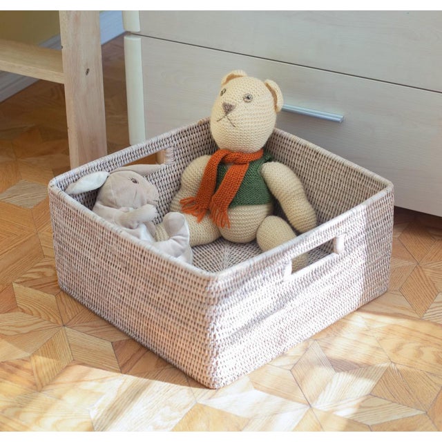 Artifacts Rattan Square Storage Basket with Rounded Corners in White Wash - 16" For Sale In Houston - Image 6 of 7