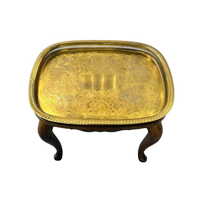 Vintage Wood Queen Anne Style Table With Removable Brass Tray For Sale - Image 4 of 9