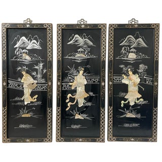 Vintage Set of 3 Asian Black Lacquer Panels Geishas in a Garden With Raised Mother of Pearl For Sale