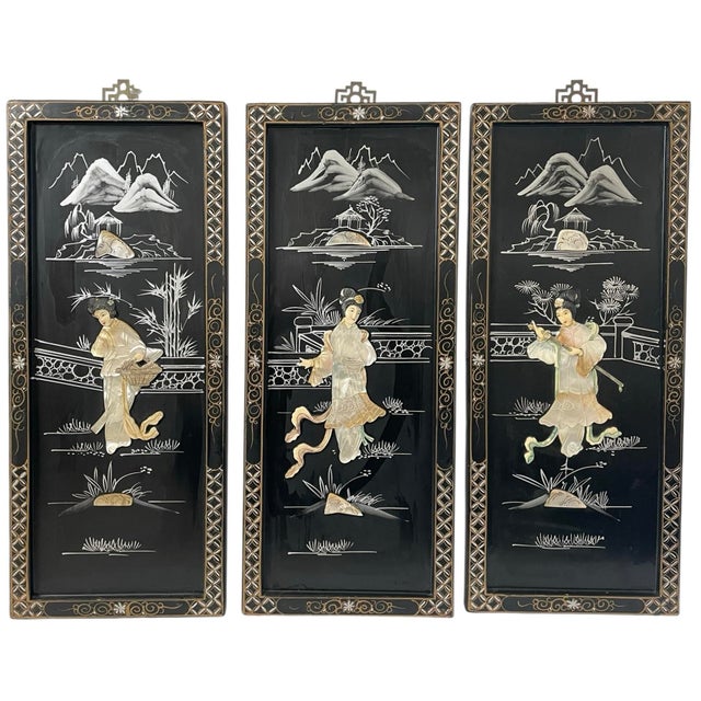 Vintage Set of 3 Asian Black Lacquer Panels Geishas in a Garden With Raised Mother of Pearl For Sale