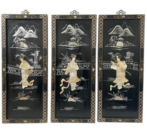 Vintage Set of 3 Asian Black Lacquer Panels Geishas in a Garden With Raised Mother of Pearl