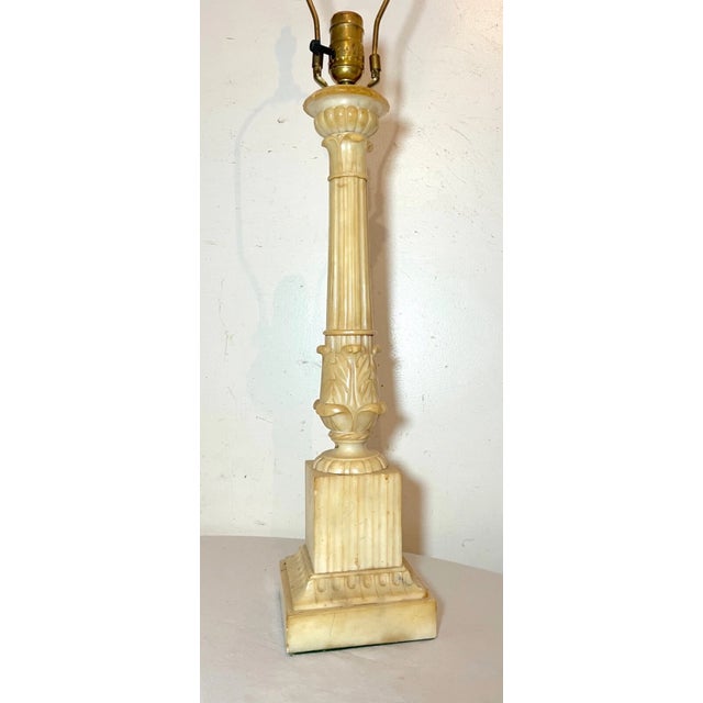 Large Antique Hand Carved Alabaster Stone Marble Column Electric Table Lamp For Sale - Image 4 of 12
