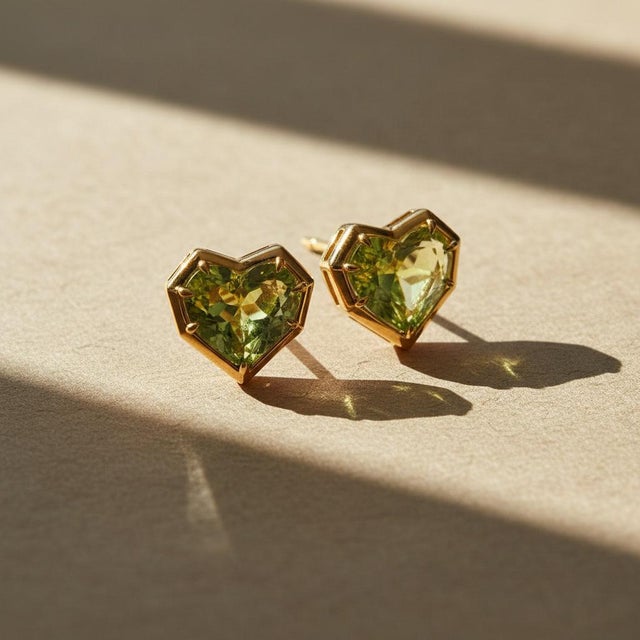 Geometric Heart Peridot Stud Earrings, Silver, Gold, Pair For Sale - Image 4 of 8