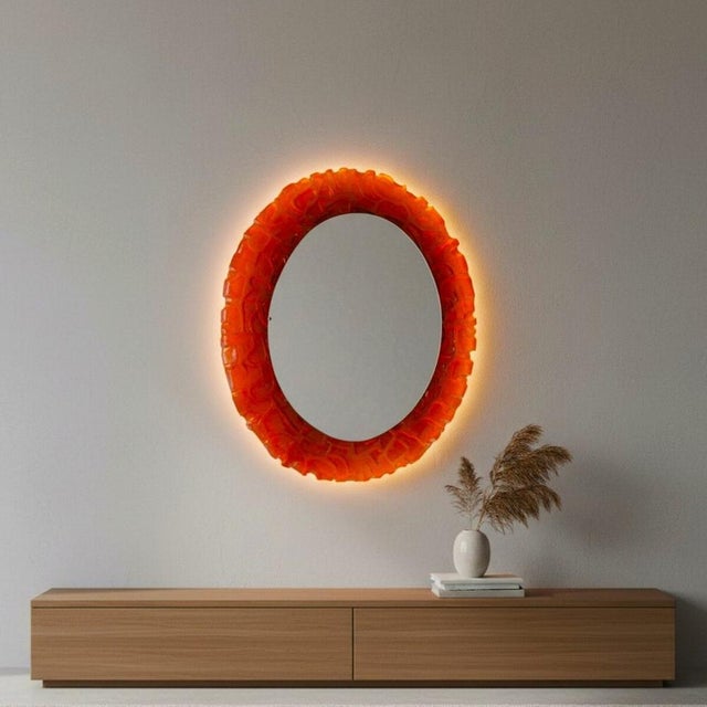 One of our exquisite Hillebrand Wall Mirrors for Living Room. Large wall-mounted oval mirror with orange lucite...