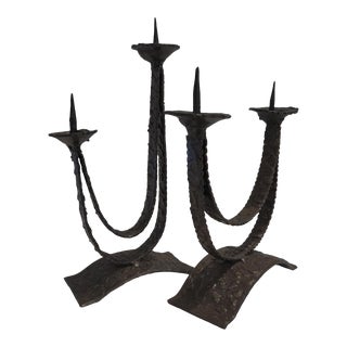 Vintage Brutalist Bronze Candelabra ~ a Pair For Sale
