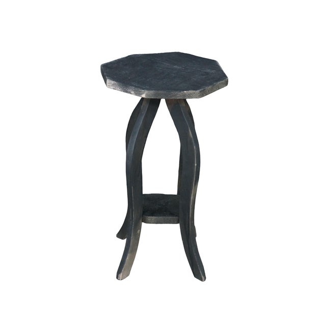 Vintage Arts & Crafts style oak pedestal stand features a distinct octagonal flat tabletop rather than a traditional...