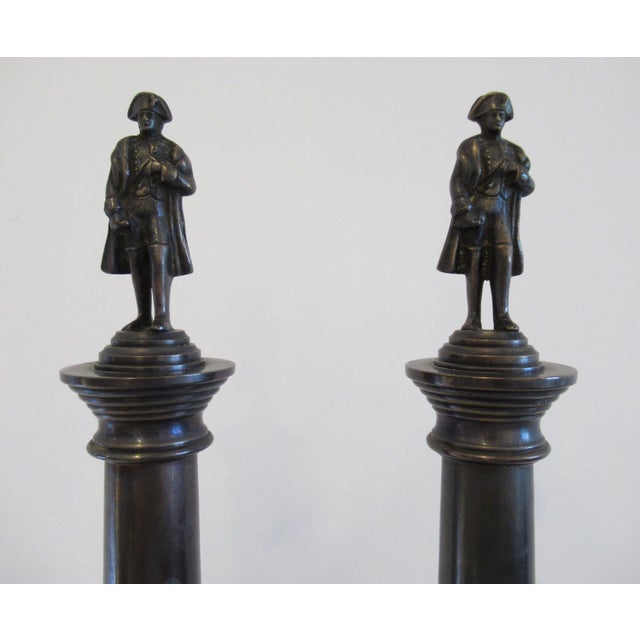 1990s C. 1990's Nancy Corzine Tall Patinated Bronze Metal Napoleon Columned Decorative Accents- A Pair For Sale - Image 5 of 12