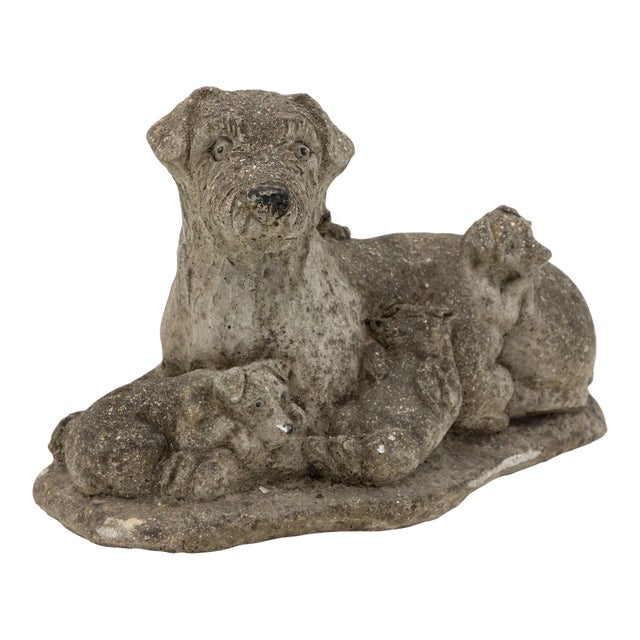 Vintage Reconstituted Stone Dog With Four Puppies, English Mid 20th C. For Sale