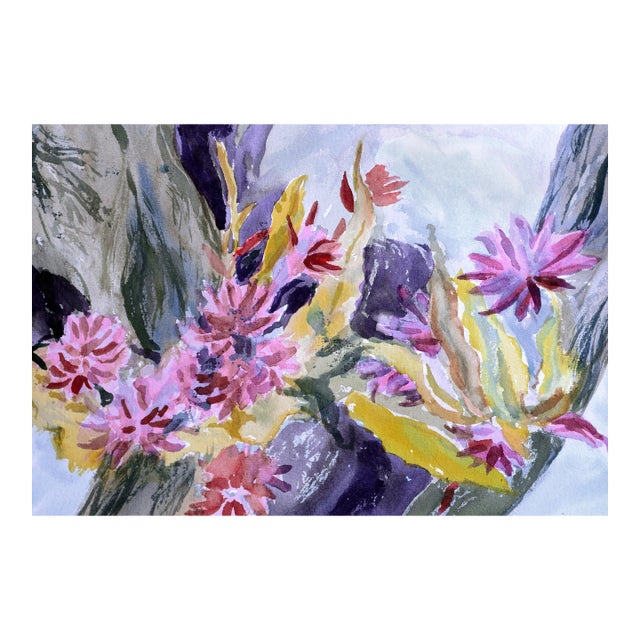 Chrysanthemums & Colorful Abstract - Two Sided Watercolor by Les Anderson For Sale