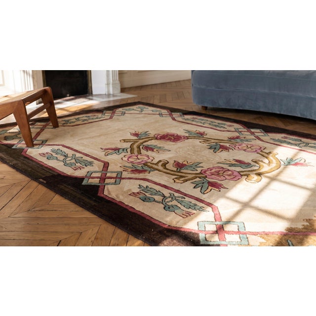 Textile 1930s Tan Beige Floral Folk Art Antique American Hooked Rug 5'9" X 8'6" Handknotted Wool Carpet For Sale - Image 7 of 9