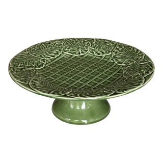 Made in Portugal Vintage Bordallo Pinheiro Leaf Service Basket Weave Cake Plate For Sale