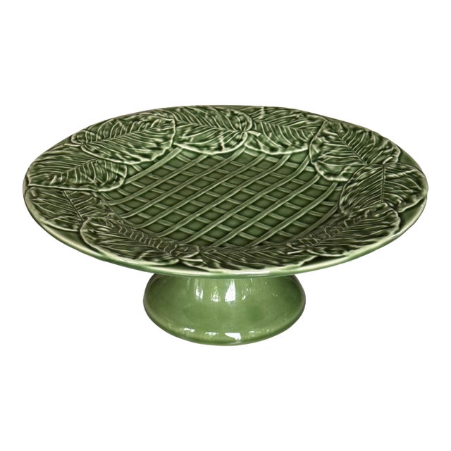 Made in Portugal Vintage Bordallo Pinheiro Leaf Service Basket Weave Cake Plate For Sale