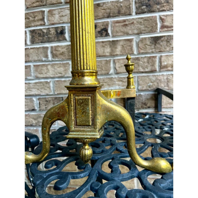 Pair of Antique Brass Chippendale Andirons For Sale - Image 4 of 7