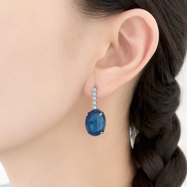 2020s Oval Cabochon Sapphire and Diamond Platinum Drop Earrings - Fei Liu, Pair For Sale - Image 5 of 5