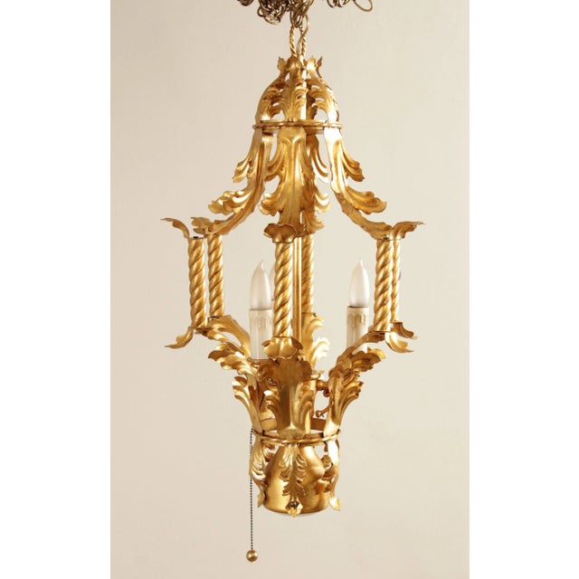 High Quality Vintage Italian Acanthus Leaf Gold Finished Metal Tole 4-Light Lantern Chandelier