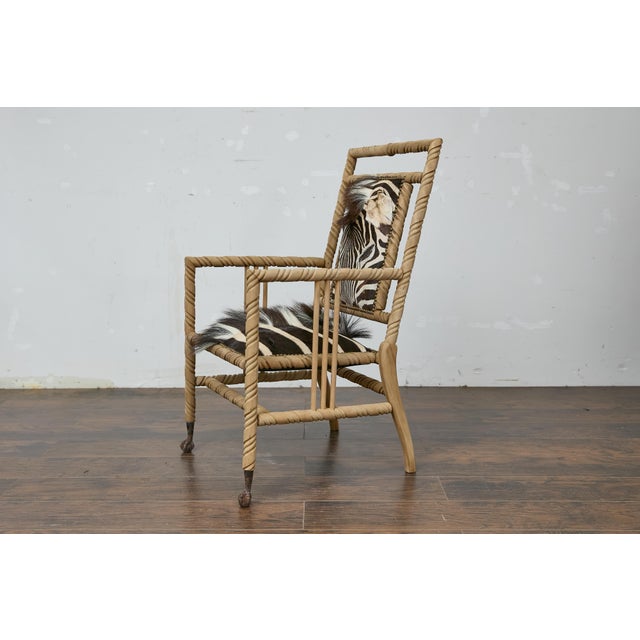 Late Victorian Oak Barley Twist Armchair with Zebra Hide, Ball and Claw Feet For Sale - Image 10 of 12