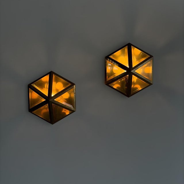 Hexagonal Brass and Beveled Glass Wall Sconces by Josef Hoffmann, 1970s, Set of 2 For Sale - Image 9 of 18