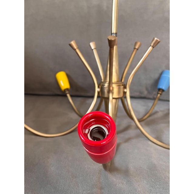 Metal Vintage 5-Arm Sputnik Chandelier in Brass and Multicoloured Ceramic, United Kingdom, 1950s For Sale - Image 7 of 10