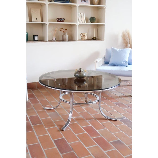 Round Coffee Table in Smoked Glass and Tubular Chrome, 1970s For Sale - Image 9 of 9
