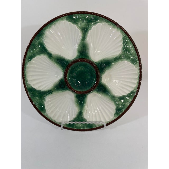Antique 1920s French Longchamp Majolica Green and White Oyster Plate For Sale - Image 9 of 15