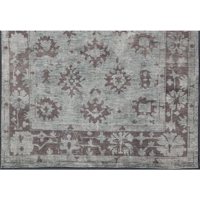 Modern Hand Knotted Oushak Rug in Wool With Sub-Geometric Design in Green and Brown For Sale - Image 4 of 13
