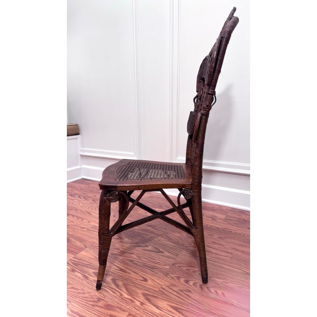Early 20th Century Antique Art Nouveau "Fleur De Lis" Wicker & Cane Solid Wood Accent Chair in the Style of Heywood-Wakefield For Sale - Image 5 of 12