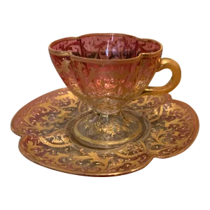 Vintage Eastern European Ombre Glass Cup and Saucer Set- 2 Pieces