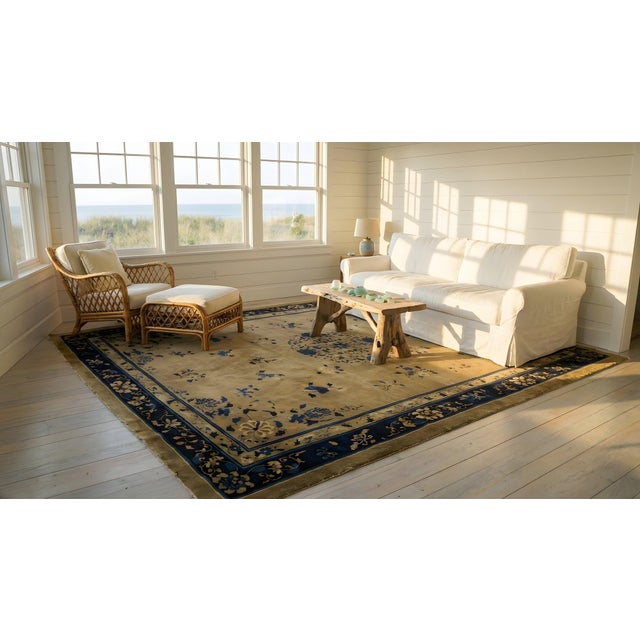 Textile 1920s Tan Camel Floral Medallion Antique Chinese Peking Rug 9' X 12' 5" Handknotted Wool Carpet For Sale - Image 7 of 9