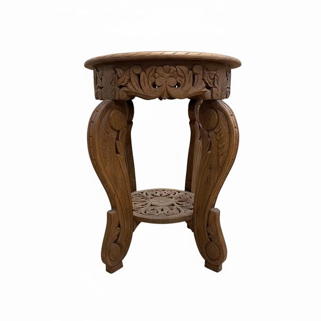 Far Pavilions Victorian Style Fretwork Carved 18" Round Solid Wood End Tables - Set of 2 For Sale - Image 4 of 6