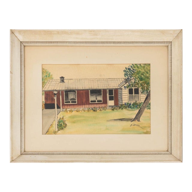 E. Leonard Red Ranch House Watercolor on Paper For Sale