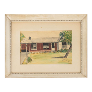 E. Leonard Red Ranch House Watercolor on Paper