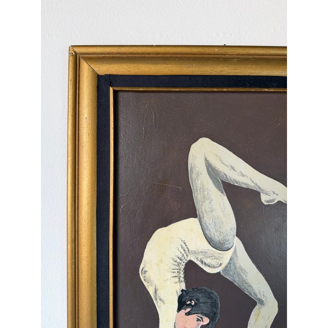 Wood 1970s Vintage J. Banas Figurative Acrobat Dancer Oil on Artist Board Painting, Framed For Sale - Image 7 of 13