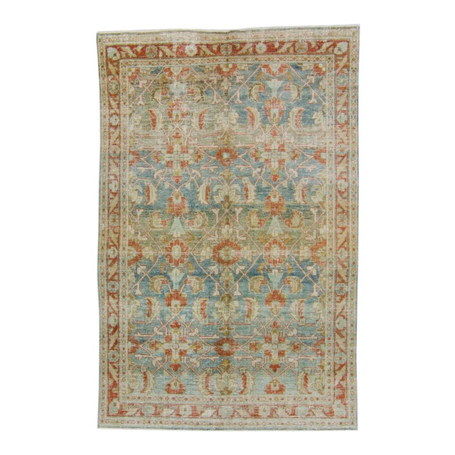 1940s Vintage Allover Blue Terra Cotta Hand Knotted Rug - 4’6” X 6’10” For Sale