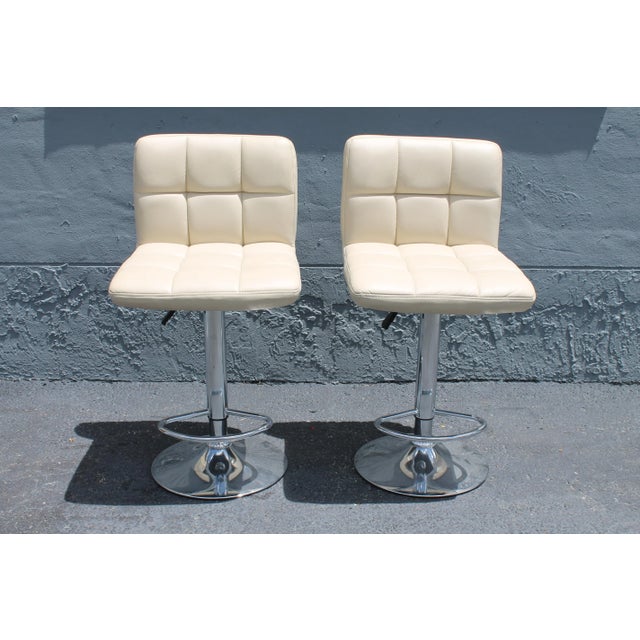 1970s Modern Chrome & Faux White Leather Bar Stools - a Pair For Sale - Image 10 of 10