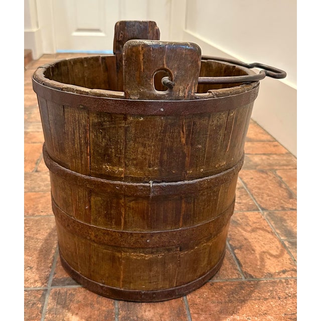 Vintage Primitive Wood Bucket W/ Blacksmith Forged Handle 14" Tall 13" Diam For Sale - Image 9 of 9