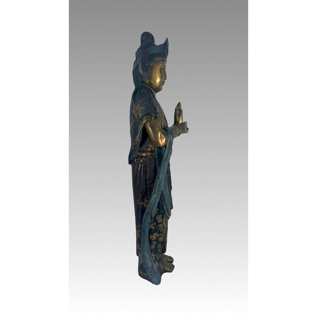 Chinese Late Qing Dynasty Lacquer & Polychrome Carved Wood Figure of Guan Yin, Chinese Goddess of Compassion & Mercy Circa 1890 For Sale - Image 3 of 10