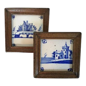 18th Century Dutch Delft Blue & White Tin Glaze Faience Tiles in Carved Wood Frames - A Pair