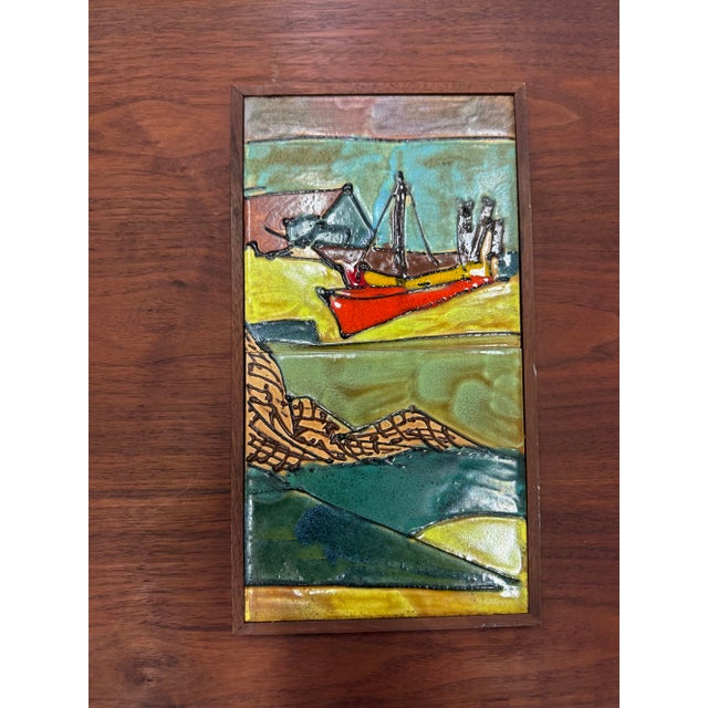 Harris Strong Mid-Century Modern Harris Strong Triptych Tile Wall Plaque of a Fishing Village For Sale - Image 4 of 8