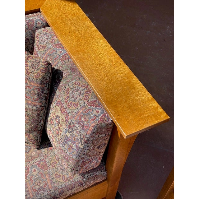 American Pair of Stickley Furniture Wine/Blue Geometric Mission Prairie Oak Loveseats / Sofa's For Sale - Image 3 of 18