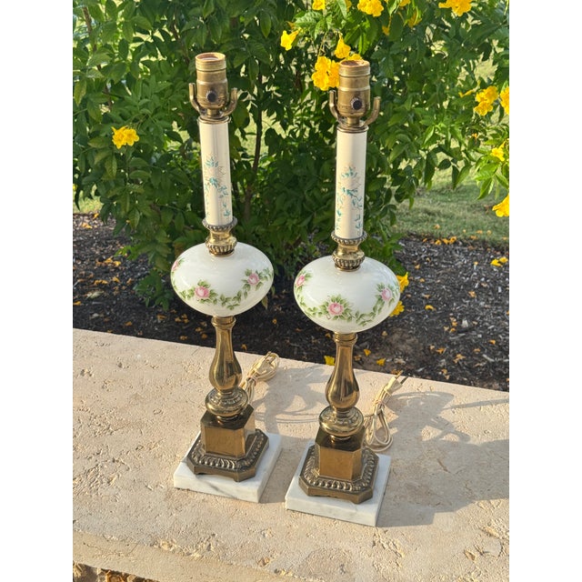 French Vintage Hand Painted Pink & Blue Floral Milk Glass & Brass Lamps on Marble Bases - a Pair For Sale - Image 3 of 7