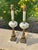 French Vintage Hand Painted Pink & Blue Floral Milk Glass & Brass Lamps on Marble Bases - a Pair For Sale - Image 3 of 7