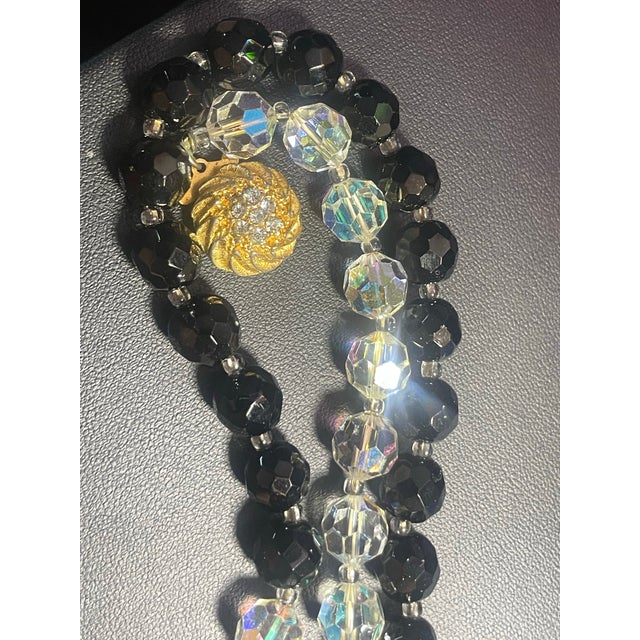 Vendome Jet Black Glass and Ab Leaded Crytal and Ornate Clasp, in Style of Vendome MCM Jewelry. For Sale - Image 4 of 6
