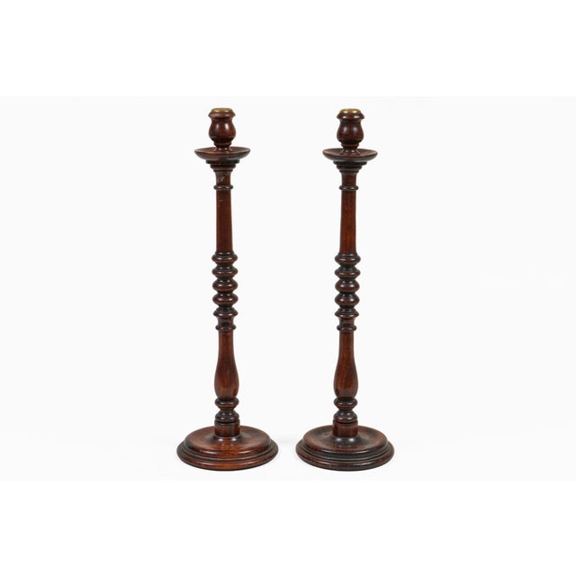 Antique Tall Mahogany Turned and Carved Candlesticks, a Pair For Sale - Image 4 of 7
