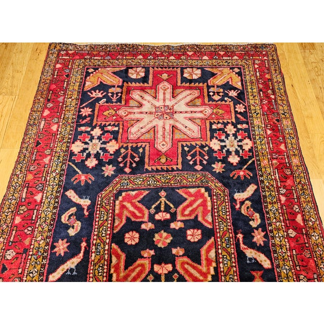 Cabin Vintage Persian Hamadan Gallery Rug, Hand-Knotted Wool, Geometric Bird Motifs Design, Navy & Red, 5’ X 11’ For Sale - Image 3 of 14