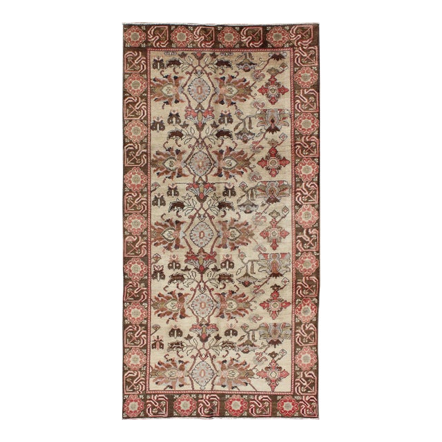 Vintage Oushak Rug From Turkey With All-Over Floral Design in Ivory, Brown & Red 4'4" X 9'5" For Sale