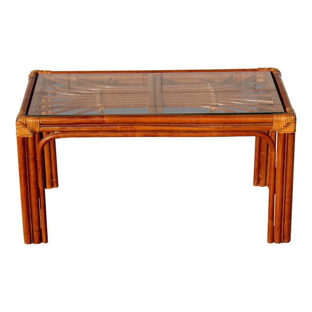 Vintage 1970s Rattan Coffee Table With Glass Top – Coastal Boho Tiki Style For Sale