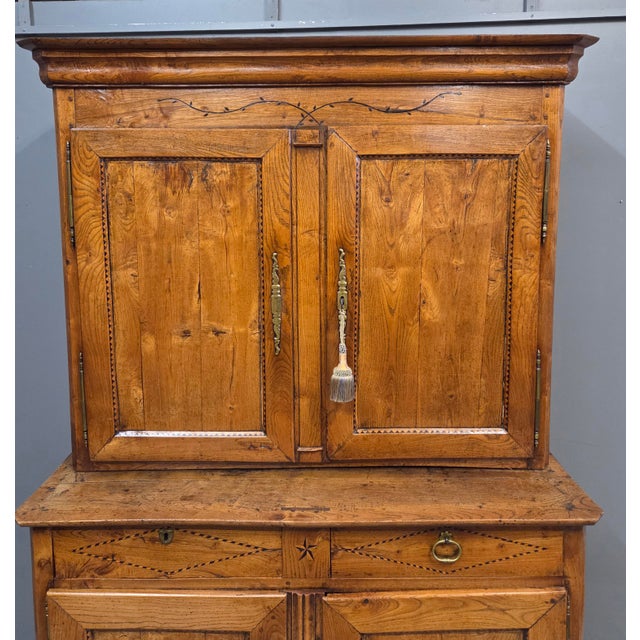 Wood Antique French Elm Deux Corps Buffet Cabinet With Inlay and Fitted Interior For Sale - Image 7 of 18