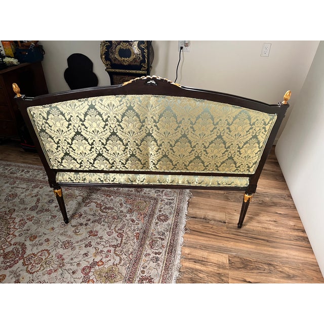 Vintage Louis XVI Style Settee in Green Damask Upholstery 1 of 2 For Sale - Image 10 of 10