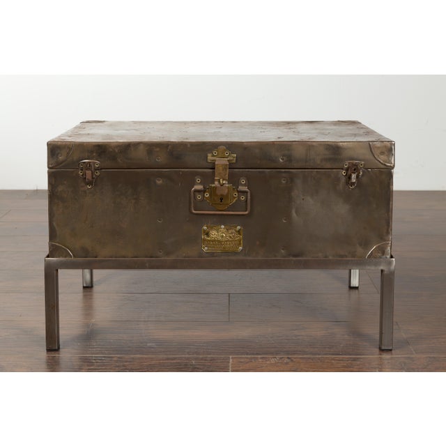 English 1920s Sarah Rackett Metal Trunk with Handles Mounted on New Custom Stand For Sale - Image 9 of 12