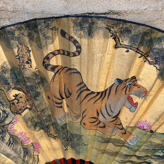 Large Decorative Asian Folding Fan Featuring a Hand-Painted Tiger For Sale - Image 4 of 15